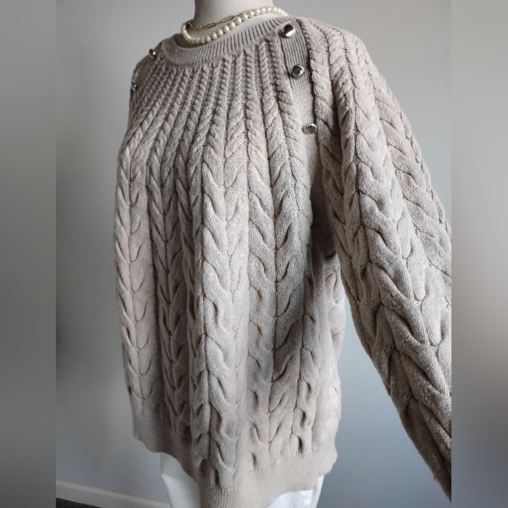 Talbots Cotton Wool Blend Cable Knit Sweater Natural Tan Silver Buttons - Picture 7 of 15